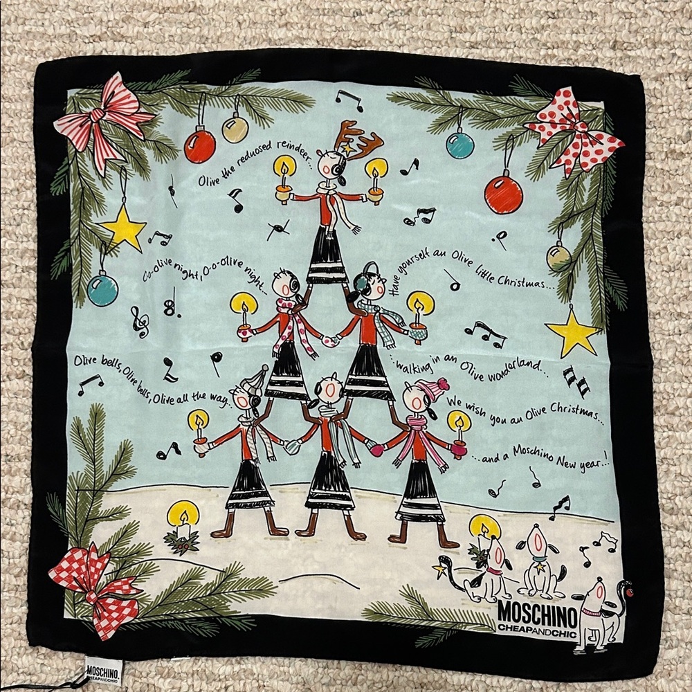 Moschino Olive Oyl Christmas festive Holiday Silk Scarf Black and Red Accents
